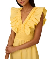 Adrianna by Adrianna Papell Ruffle V-Neck Smocked Waist Sleeveless Midi Dress