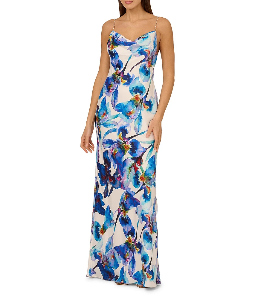 Adrianna by Adrianna Papell Satin Floral Print Cowl Neck Sleeveless Rhinestone Straps Slip Maxi Dress