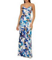 Adrianna by Adrianna Papell Satin Floral Print Cowl Neck Sleeveless Rhinestone Straps Slip Maxi Dress