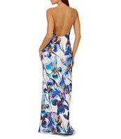 Adrianna by Adrianna Papell Satin Floral Print Cowl Neck Sleeveless Rhinestone Straps Slip Maxi Dress