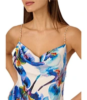 Adrianna by Adrianna Papell Satin Floral Print Cowl Neck Sleeveless Rhinestone Straps Slip Maxi Dress
