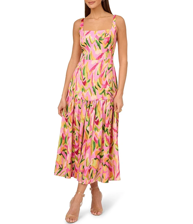 Adrianna by Adrianna Papell Satin Square Neck Sleeveless Drop Waist Pleated  Trim Maxi Dress | Liberty Center