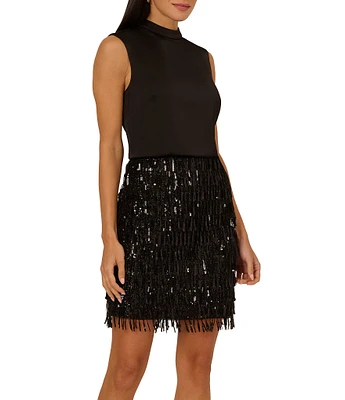 Adrianna by Adrianna Papell Sequin Mock Neck Sleeveless Fringe Blouson Dress