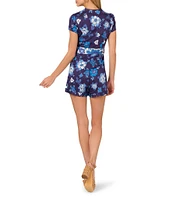 Adrianna by Adrianna Papell Short Sleeve Belted Floral Printed Cotton Romper