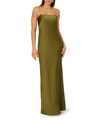 Adrianna by Adrianna Papell Sleeveless Beaded Strap Stretch Satin Sheath Gown