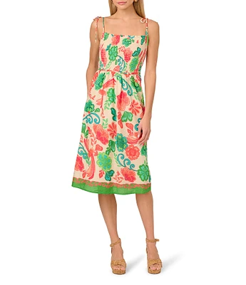 Adrianna by Adrianna Papell Smocked Floral Print Square Neck A-Line Knee Length Dress