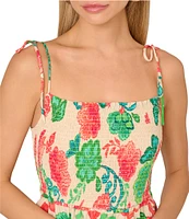 Adrianna by Adrianna Papell Smocked Floral Print Square Neck A-Line Knee Length Dress