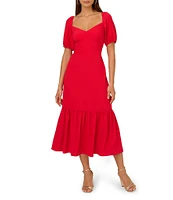 Adrianna by Adrianna Papell Solid Sweetheart Neck Puff Sleeves Smocked Back Ruffle Hem A-Line Midi Dress