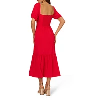 Adrianna by Adrianna Papell Solid Sweetheart Neck Puff Sleeves Smocked Back Ruffle Hem A-Line Midi Dress