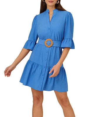 Adrianna by Adrianna Papell Split V-Neck 3/4 Bell Sleeve Belted Flounce Hem Shirt Dress