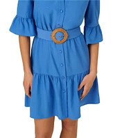 Adrianna by Adrianna Papell Split V-Neck 3/4 Bell Sleeve Belted Flounce Hem Shirt Dress