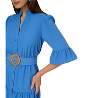 Adrianna by Adrianna Papell Split V-Neck 3/4 Bell Sleeve Belted Flounce Hem Shirt Dress