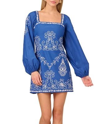 Adrianna by Adrianna Papell Square Neck Long Sleeve Embroidered Cotton Sheath Dress