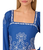 Adrianna by Adrianna Papell Square Neck Long Sleeve Embroidered Cotton Sheath Dress