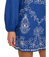 Adrianna by Adrianna Papell Square Neck Long Sleeve Embroidered Cotton Sheath Dress