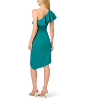 Adrianna by Adrianna Papell Stretch Crepe One Shoulder Ruffle Neck Asymmetrical Hem Wrap Waist Dress