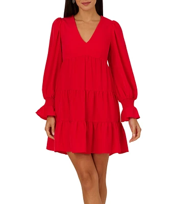 Adrianna by Adrianna Papell V Neck Long Sleeve Tiered A-Line Mini Dress