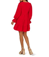 Adrianna by Adrianna Papell V Neck Long Sleeve Tiered A-Line Mini Dress