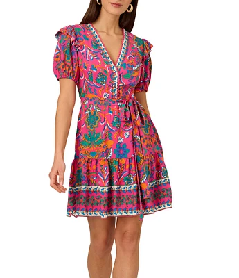 Adrianna by Adrianna Papell V-Neck Short Sleeve Printed Flounce Hem Shift Dress