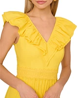Adrianna by Adrianna Papell V Neck Sleeveless Ruffle A-Line Midi Dress
