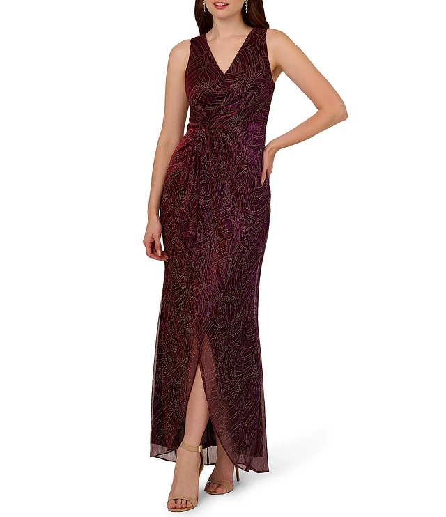 adrianna papell burgundy sequin dress Bordeaux Flutter Sleeve Sequin Beaded Midi Dress main image 0