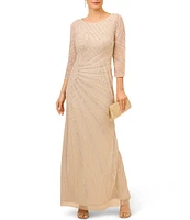 Adrianna Papell 3/4 Sheer Sleeve Boat Neck A-Line Beaded Mesh Gown