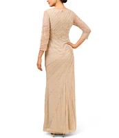 Adrianna Papell 3/4 Sheer Sleeve Boat Neck A-Line Beaded Mesh Gown