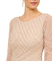 Adrianna Papell 3/4 Sheer Sleeve Boat Neck A-Line Beaded Mesh Gown