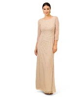 Adrianna Papell 3/4 Sheer Sleeve Boat Neck A-Line Beaded Mesh Gown