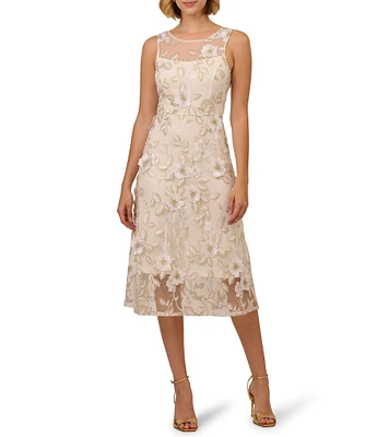 Adrianna Papell 3D Embroidered Floral Crew Neck Sleeveless A-Line Midi Dress