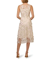 Adrianna Papell 3D Embroidered Floral Crew Neck Sleeveless A-Line Midi Dress