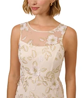 Adrianna Papell 3D Embroidered Floral Crew Neck Sleeveless A-Line Midi Dress