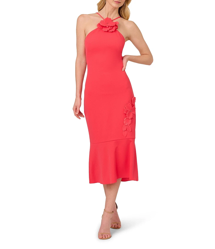 Adrianna Papell 3D Flower Applique Halter Sleeveless Crepe Sheath Midi Dress