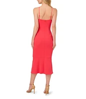 Adrianna Papell 3D Flower Applique Halter Sleeveless Crepe Sheath Midi Dress