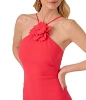 Adrianna Papell 3D Flower Applique Halter Sleeveless Crepe Sheath Midi Dress