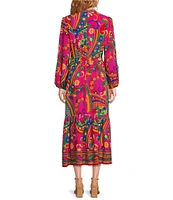 Adrianna Papell Adrianna by Adrianna Papell Printed Rayon Split V-Neck Blouson Sleeve Belted Flounce Hem A-Line Dress