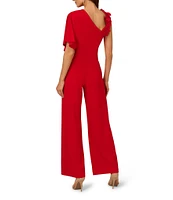 Adrianna Papell Asymmetrical Neck Floral Applique Crepe Drape Front Jumpsuit