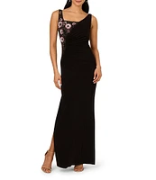 Adrianna Papell Asymmetrical Neck Sleeveless Floral Beading Side Ruched Jersey Column Gown