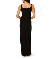 Adrianna Papell Asymmetrical Neck Sleeveless Floral Beading Side Ruched Jersey Column Gown