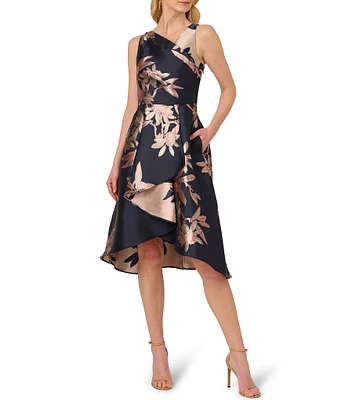 Adrianna Papell Asymmetrical Neckline Sleeveless Floral Print Jacquard Dress