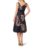 Adrianna Papell Asymmetrical Neckline Sleeveless Floral Print Jacquard Dress