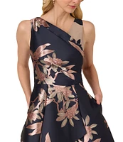 Adrianna Papell Asymmetrical Neckline Sleeveless Floral Print Jacquard Dress