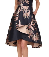 Adrianna Papell Asymmetrical Neckline Sleeveless Floral Print Jacquard Dress