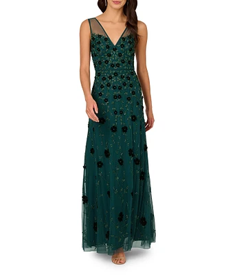 Adrianna Papell Beaded 3D Floral Mesh V-Neck Sleeveless Gown