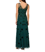 Adrianna Papell Beaded 3D Floral Mesh V-Neck Sleeveless Gown