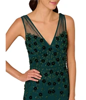 Adrianna Papell Beaded 3D Floral Mesh V-Neck Sleeveless Gown