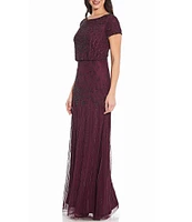 Adrianna Papell Round Neck Short Sleeve Beaded Blouson Gown