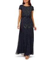 Adrianna Papell Round Neck Short Sleeve Beaded Blouson Gown