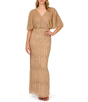 Adrianna Papell Beaded Short Flutter Sleeve V-Neck Blouson Gown