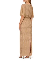 Adrianna Papell Beaded Short Flutter Sleeve V-Neck Blouson Gown